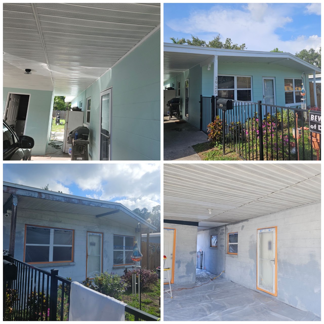 Exterior painting of a single-story home and carport, masked off and freshly painted