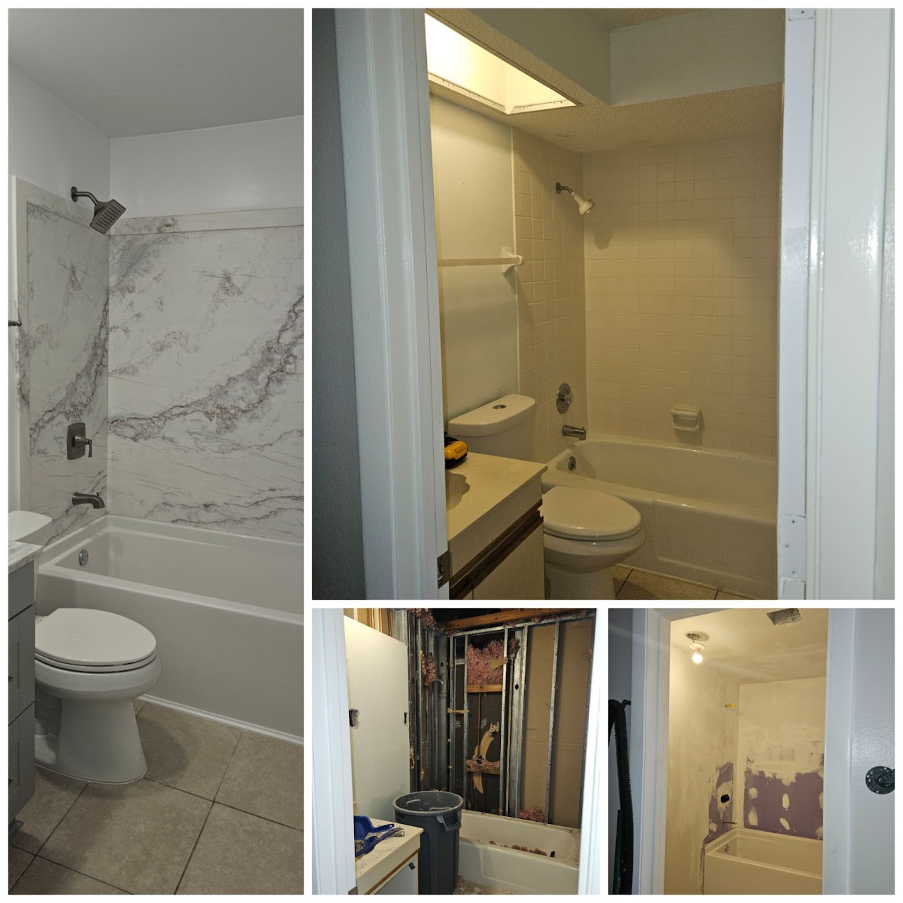 Bathroom remodel before, during and after, with a new tub and marble-look surround