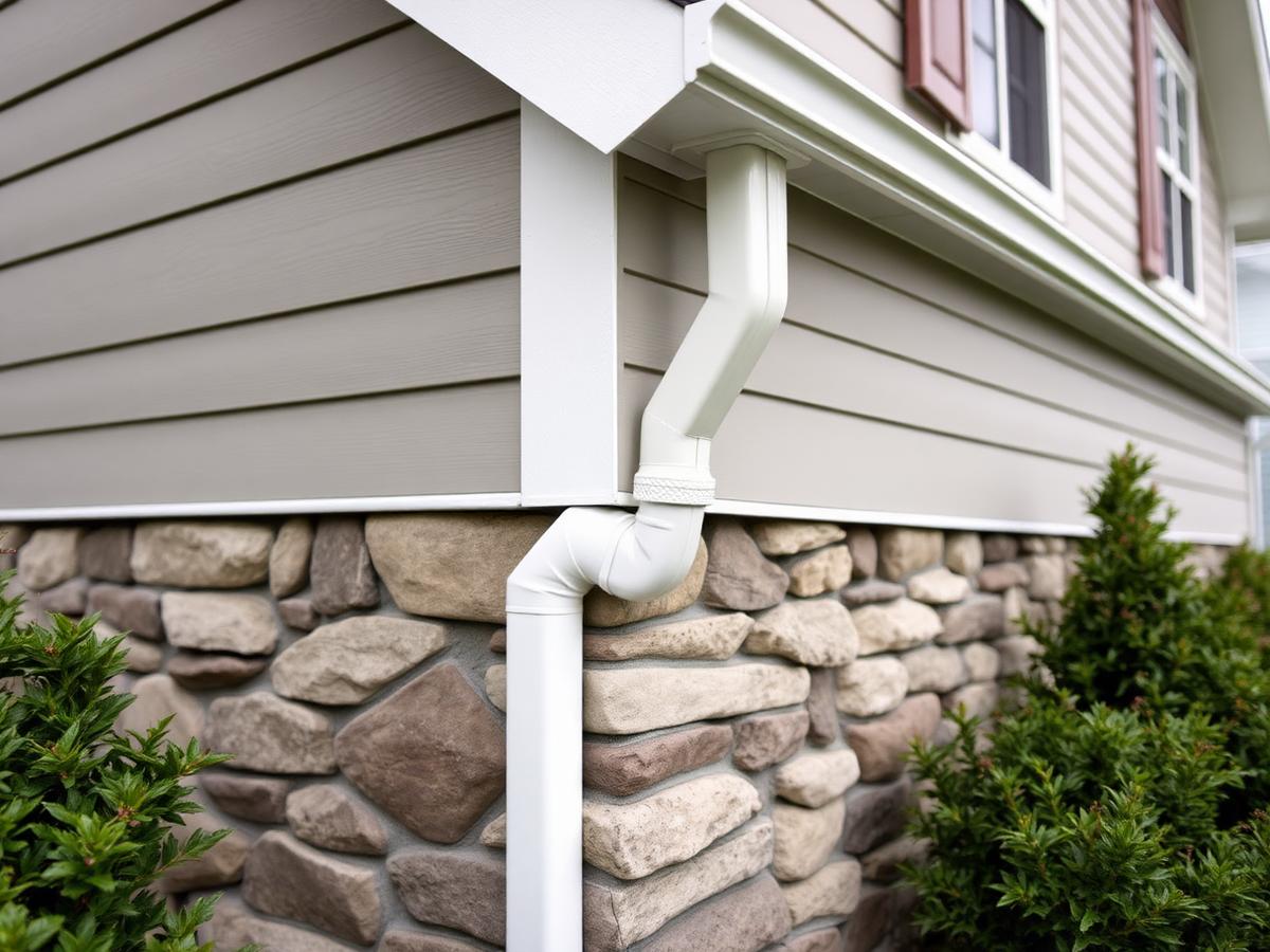 Clean downspout carrying water away from a home's stone foundation
