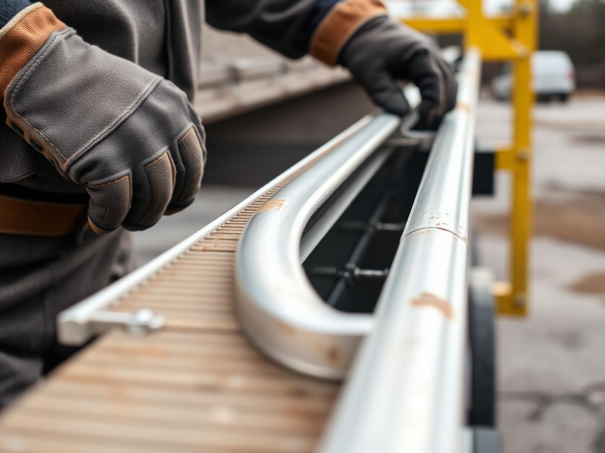 Seamless aluminum gutter being formed on site